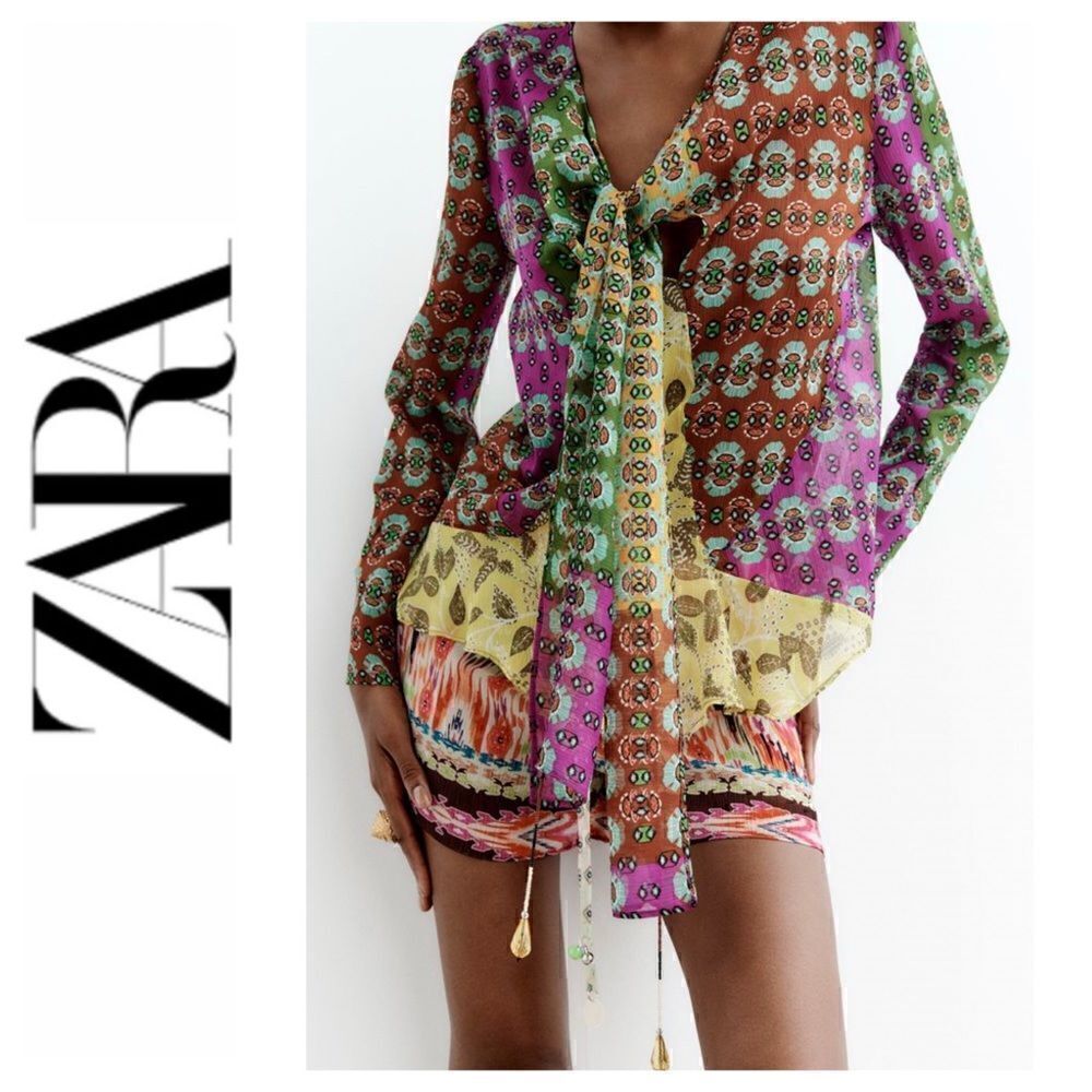 NWT Zara Multicolor Semi-Sheer Long Sleeve Tie Scarf Beaded Boho Printed Blouse